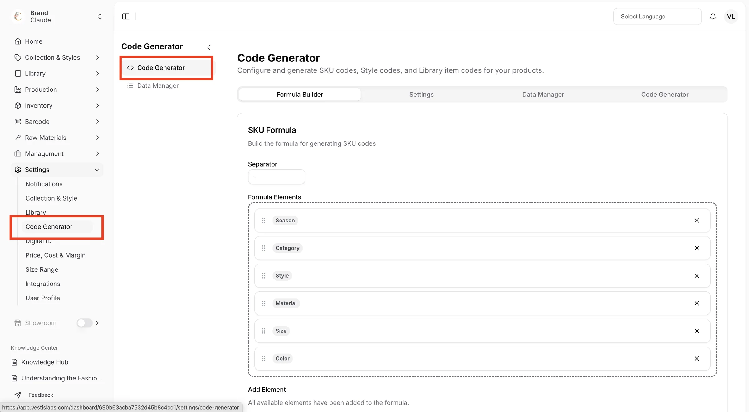 Select the Code Generator section to begin configuration.