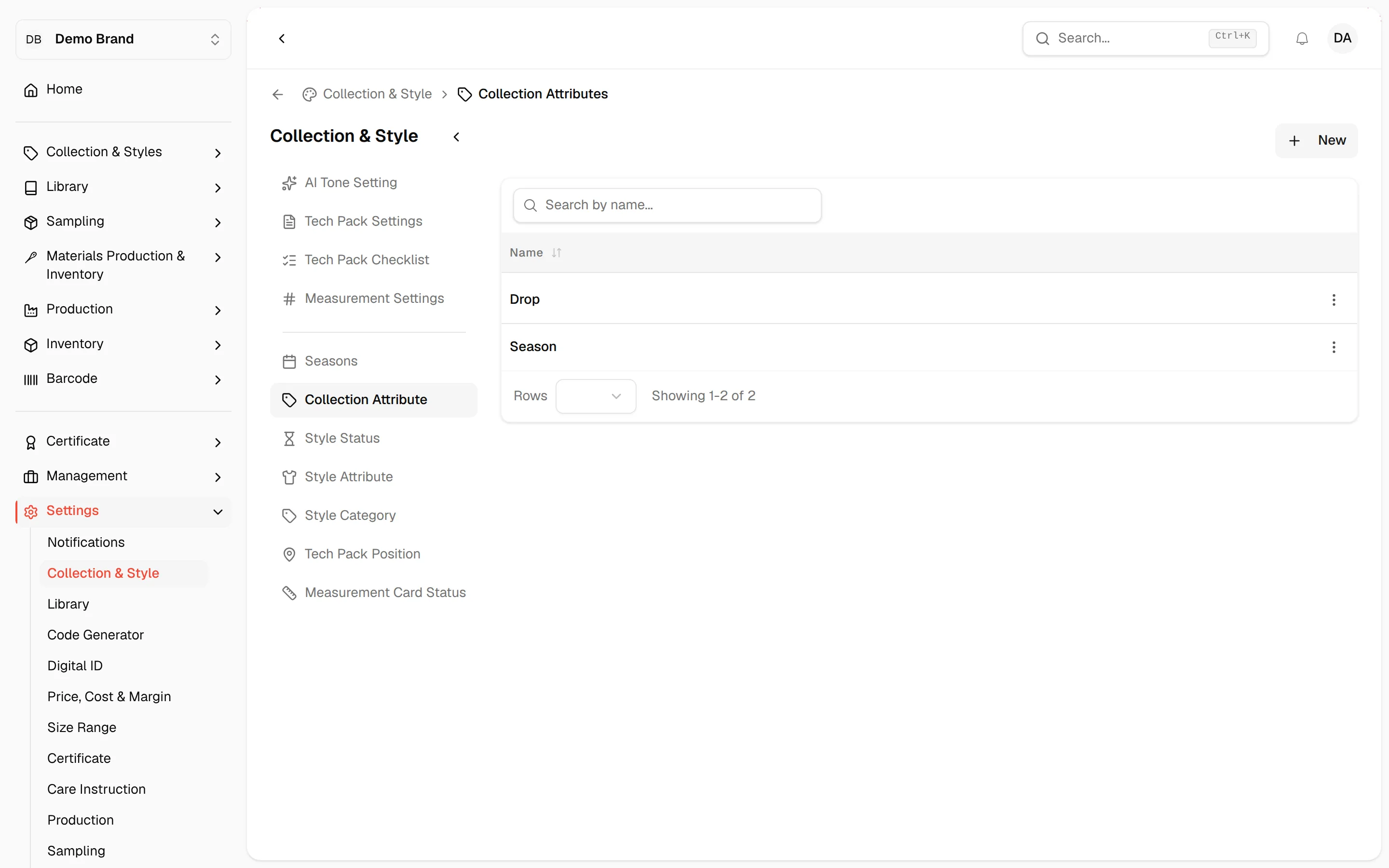 The Collection Attributes master list with the New button and a three-dot menu on each row