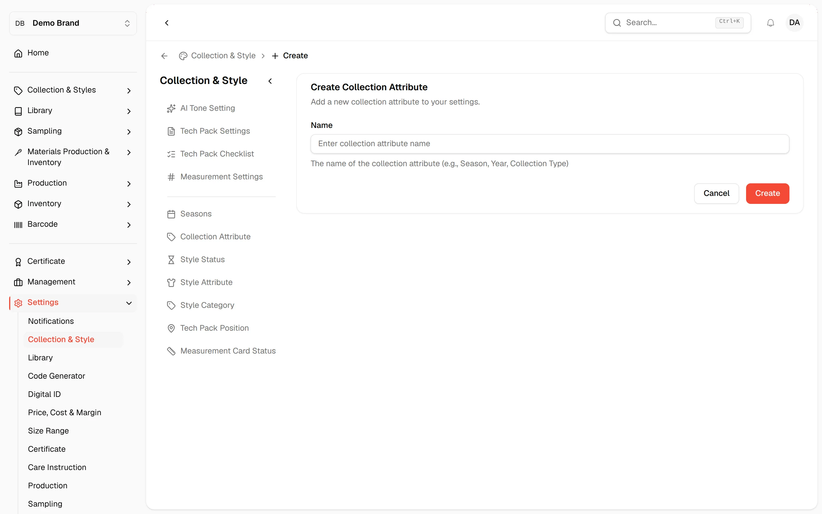 The Create Collection Attribute form with an empty Name field