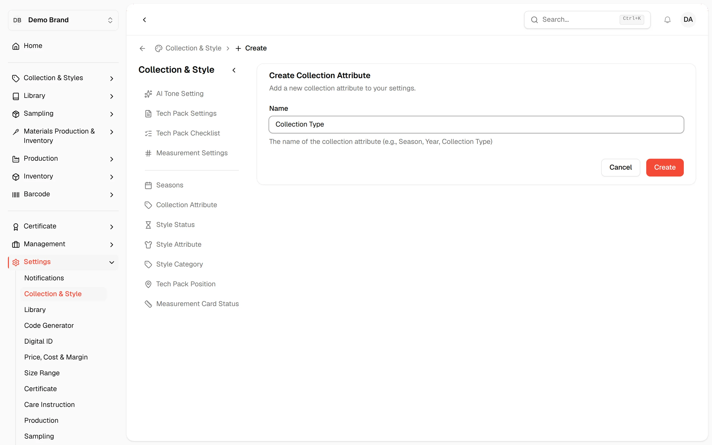 The Create Collection Attribute form with a name entered, ready to create