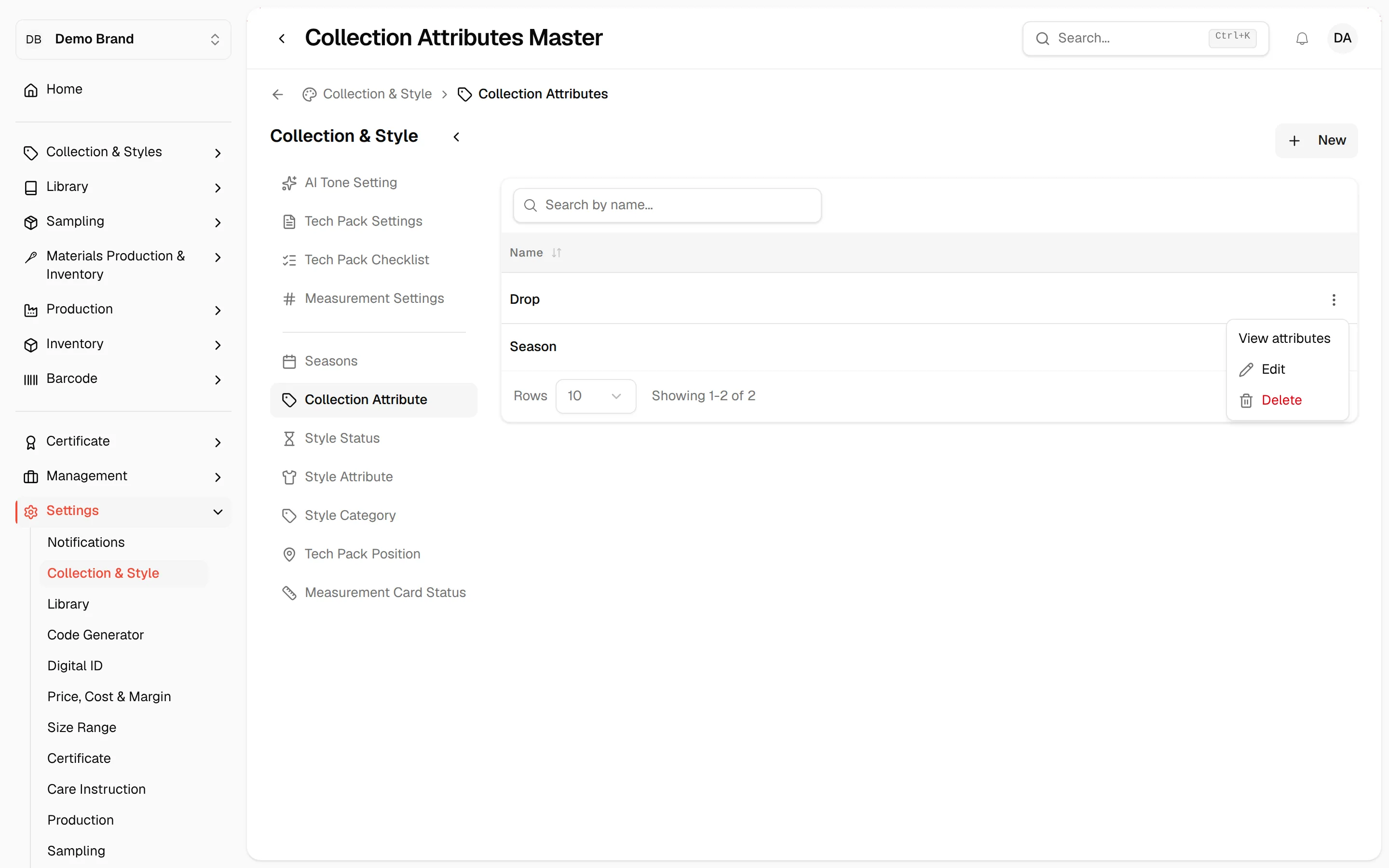 The three-dot menu of an attribute row offering View attributes, Edit and Delete