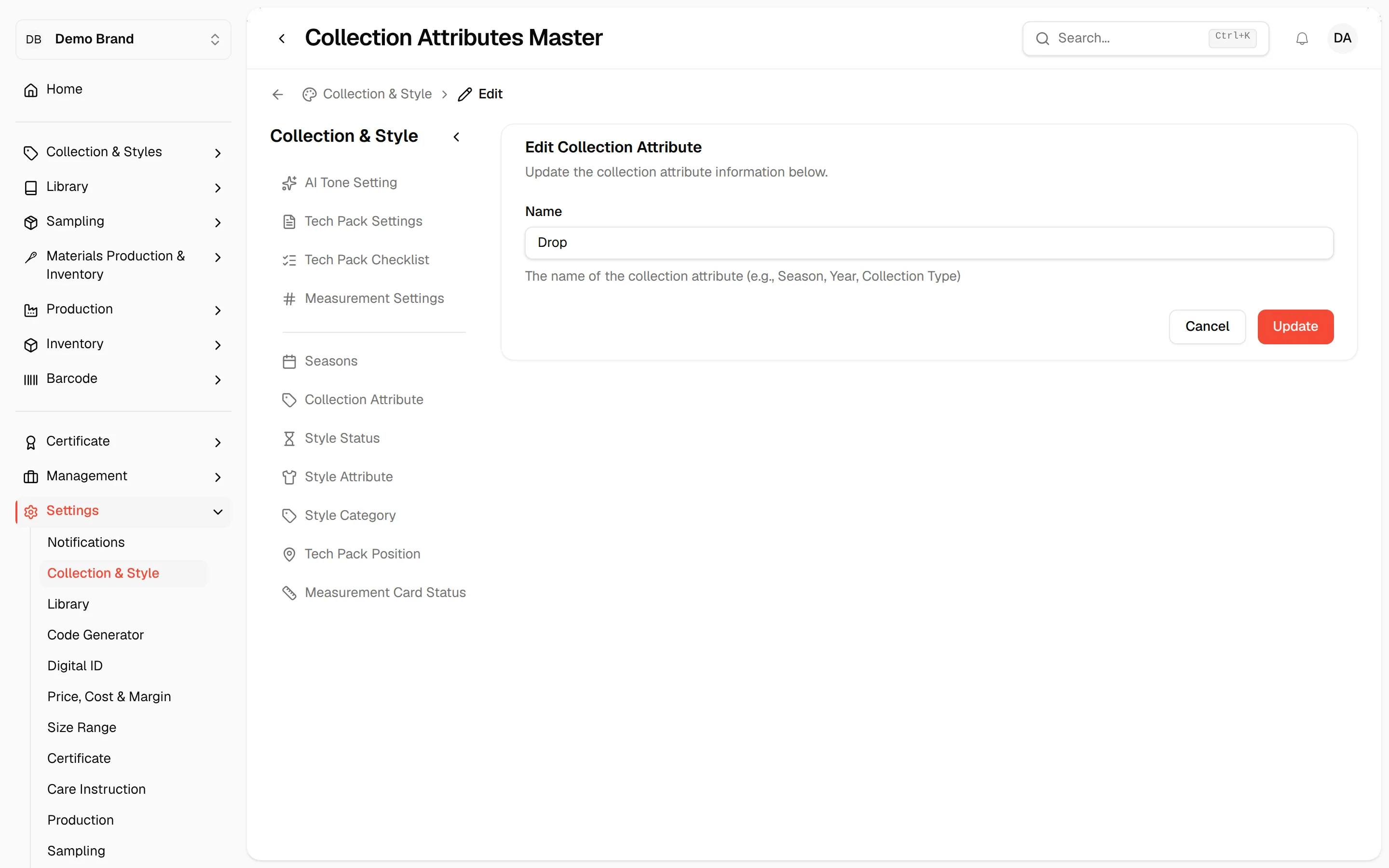 The Edit Collection Attribute form with the current name and the Update button