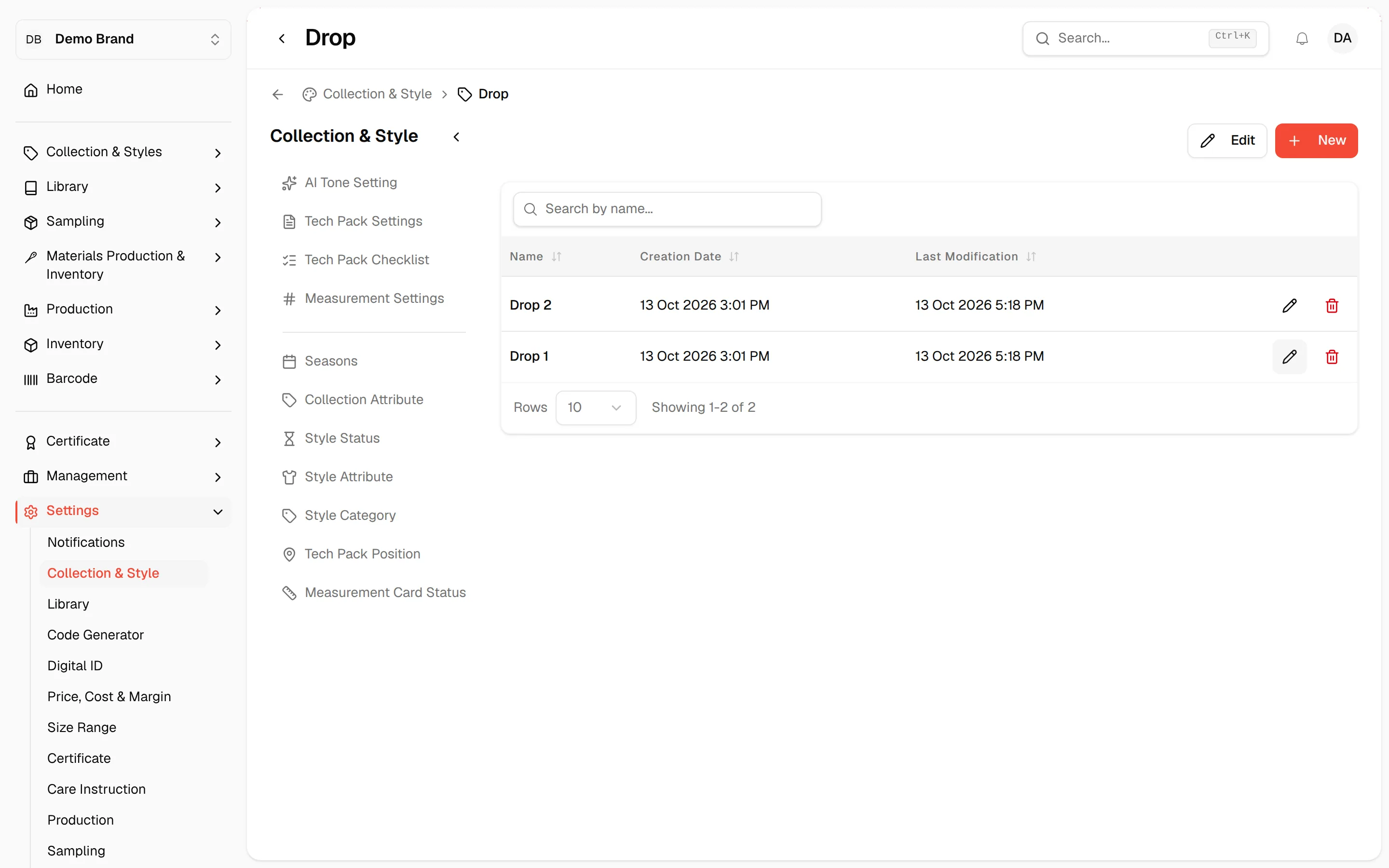 The values inside the Drop attribute with their creation and modification dates and a New button
