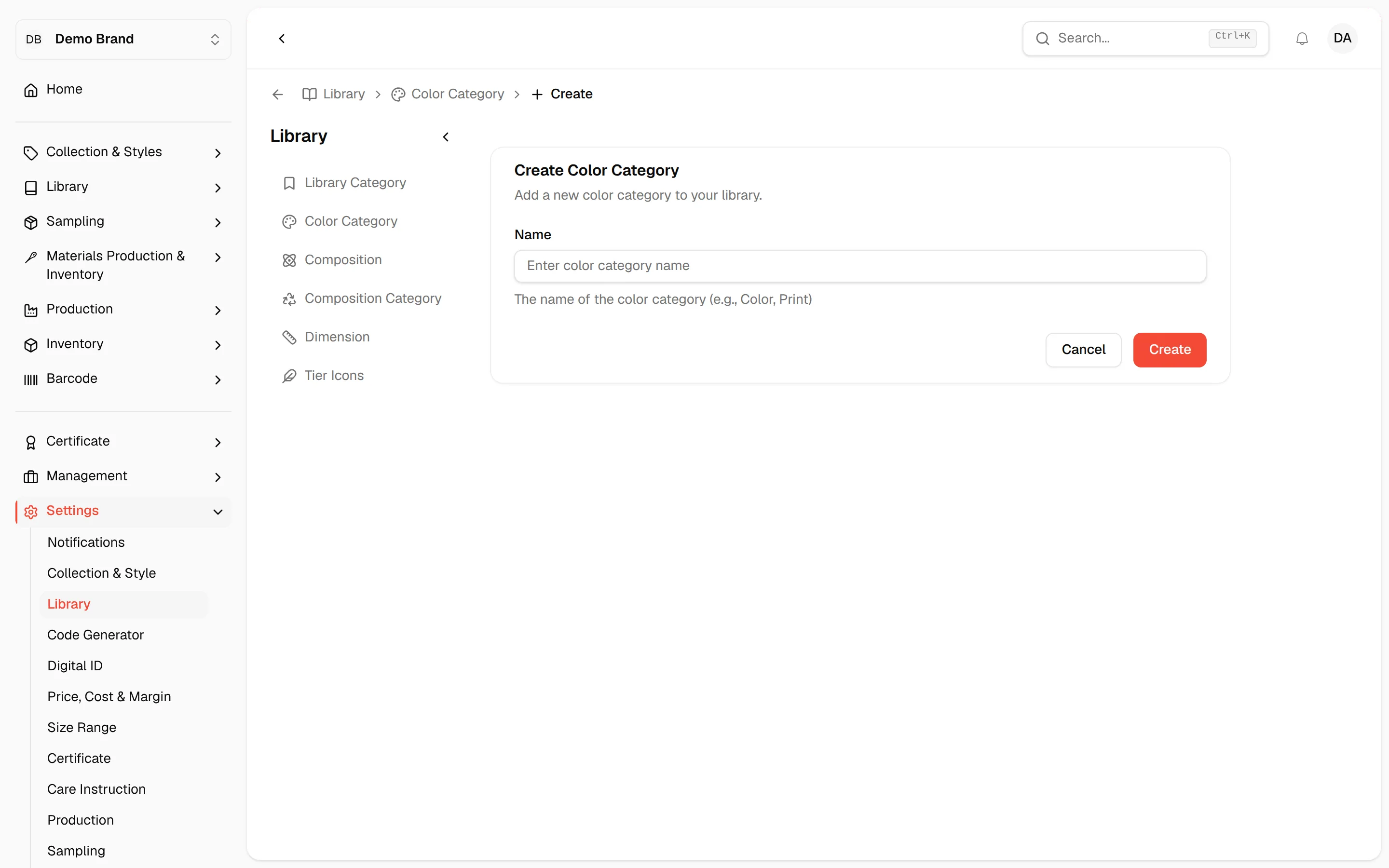 The Create Color Category form with empty fields and the Create button