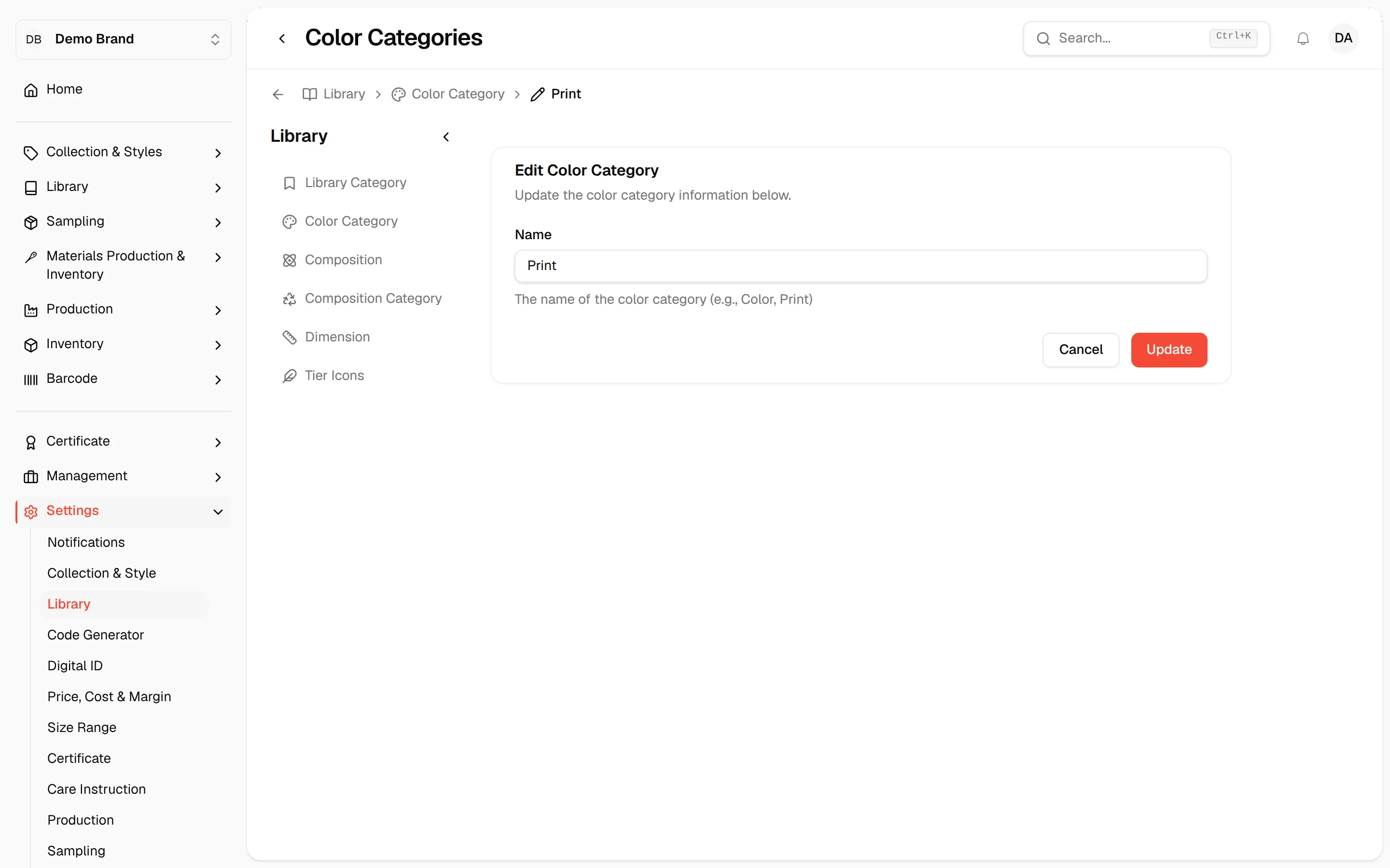 The Edit Color Category form showing the current values and the Update button