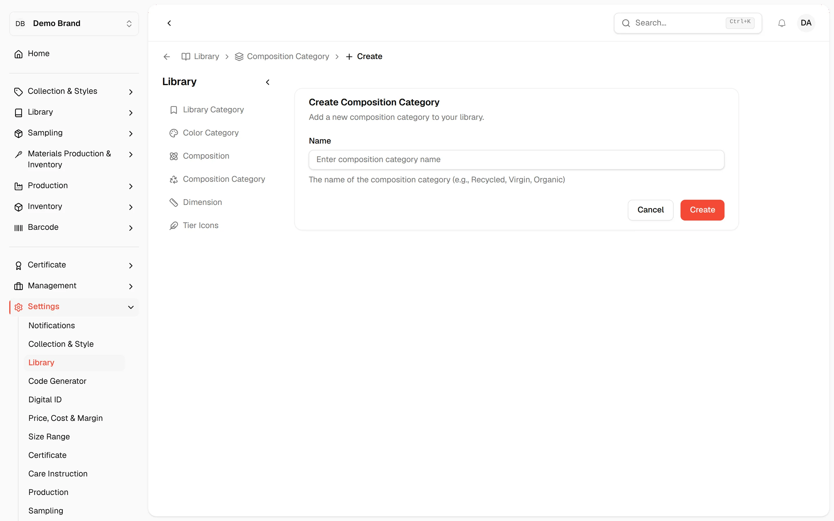 The Create Composition Category form with empty fields and the Create button