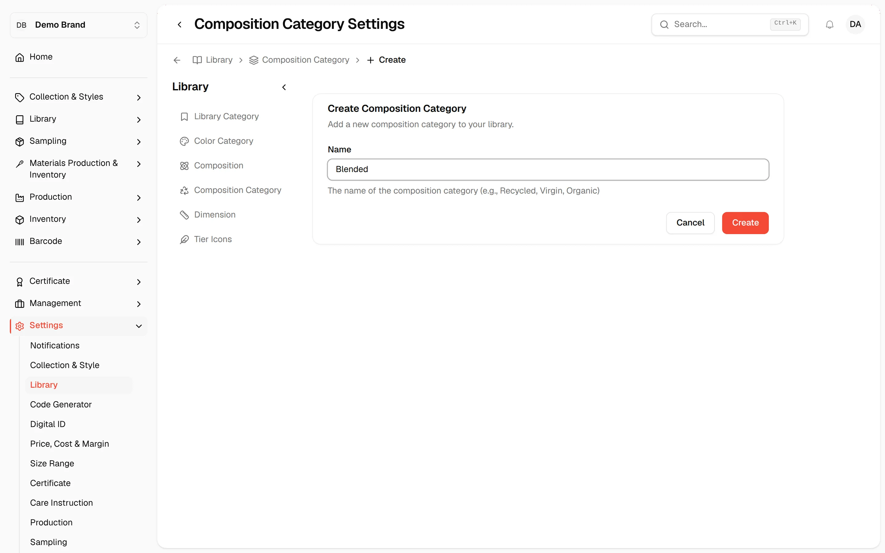 The Create Composition Category form filled in and ready to create