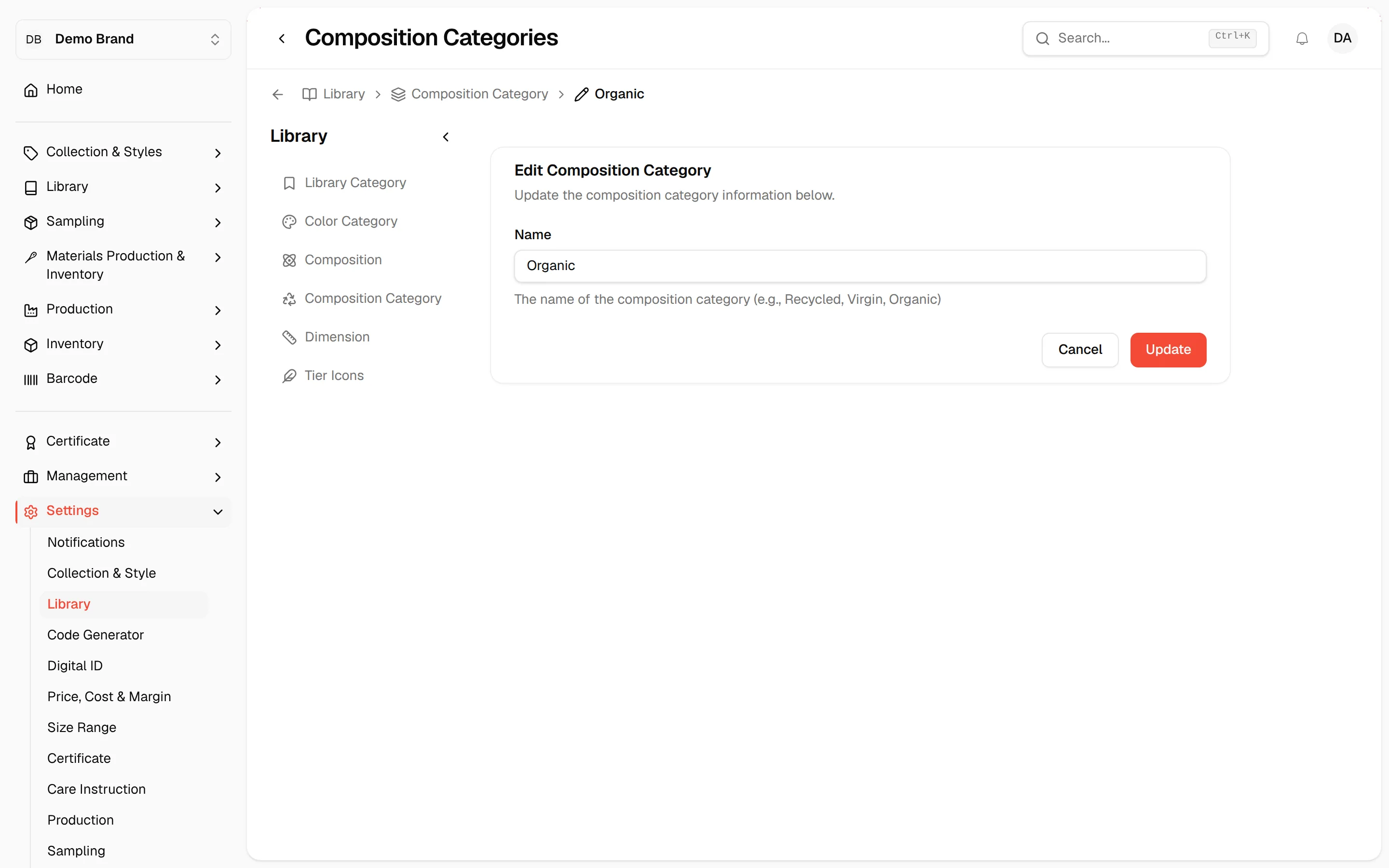 The Edit Composition Category form showing the current values and the Update button