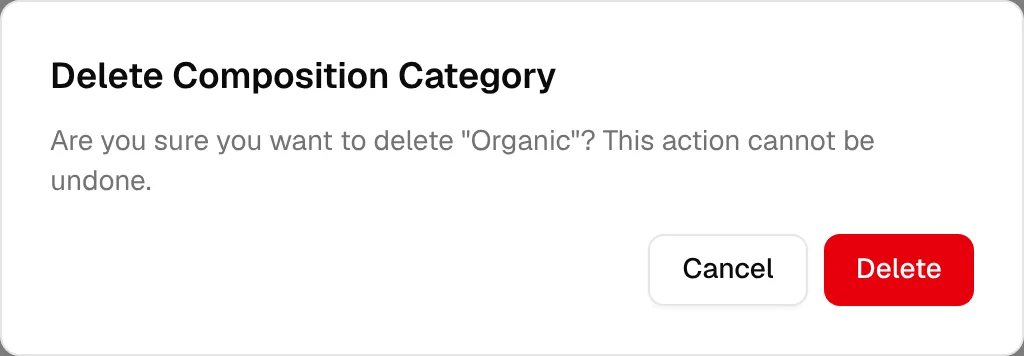 The Delete Composition Category confirmation asking to confirm before the item is removed