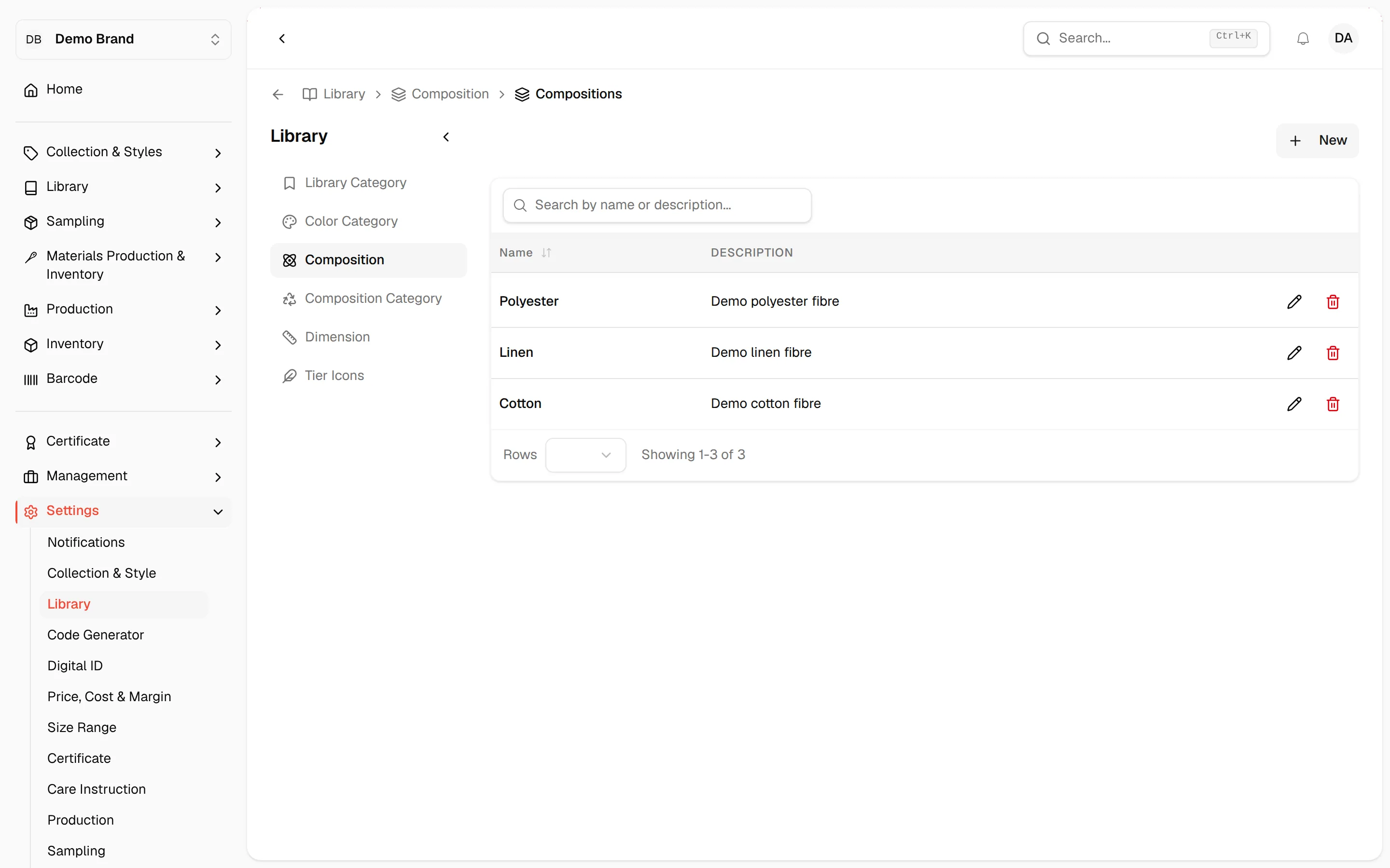 The Composition list with the New button at the top right and a pencil and bin icon on each row