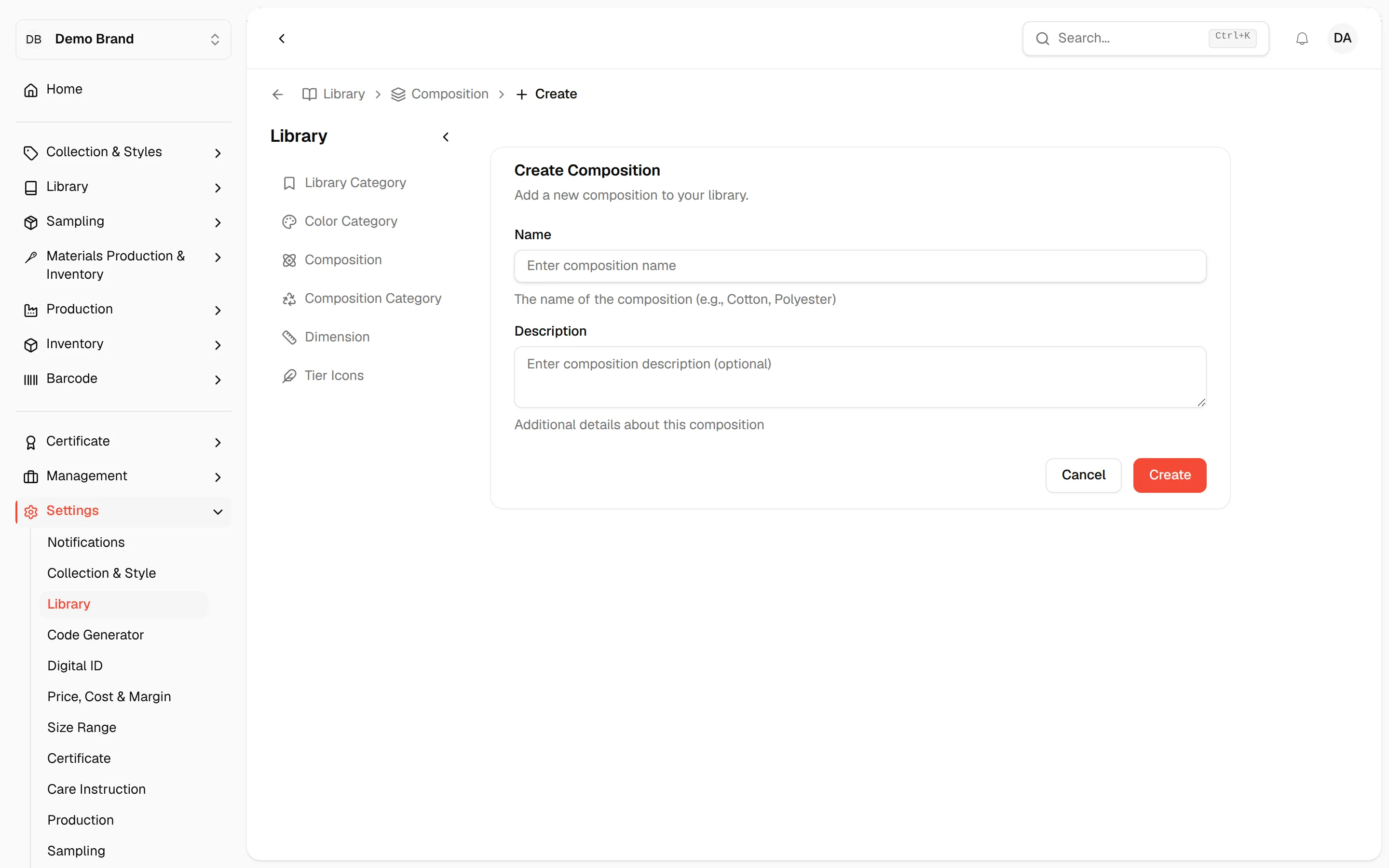 The Create Composition form with empty fields and the Create button