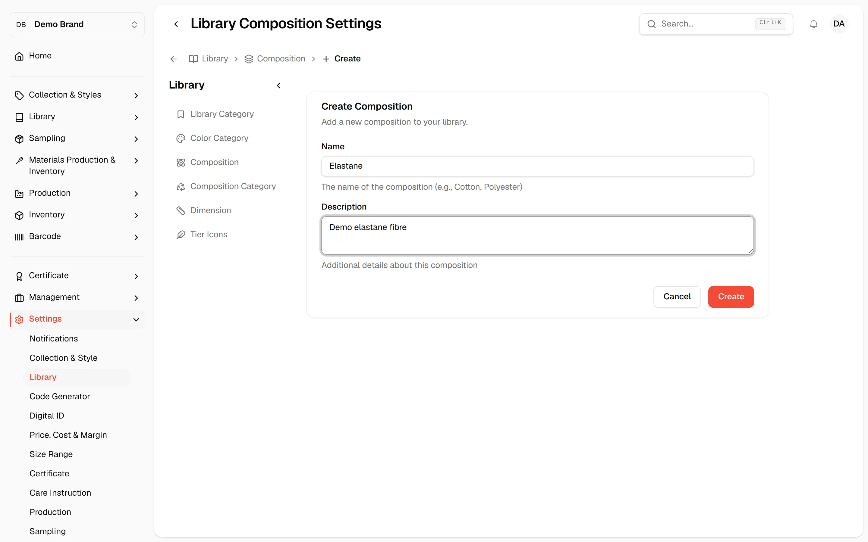 The Create Composition form filled in and ready to create