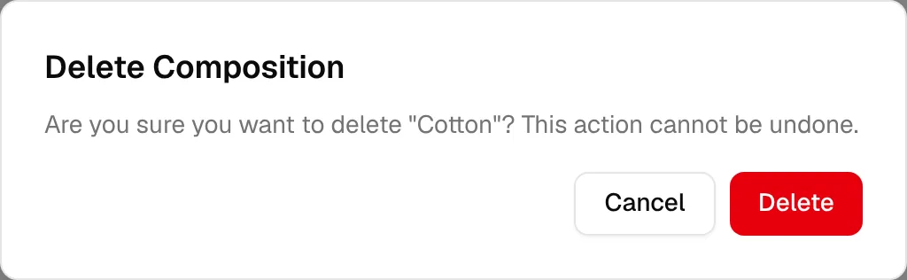The Delete Composition confirmation asking to confirm before the item is removed