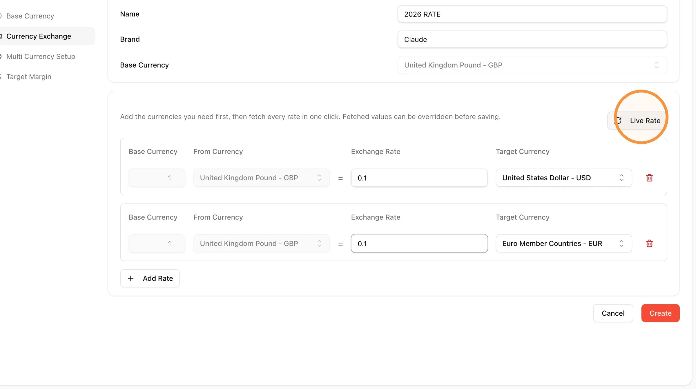 With your base currency and target currencies added, click the Live Rate button (at least you have 2 target currencies…