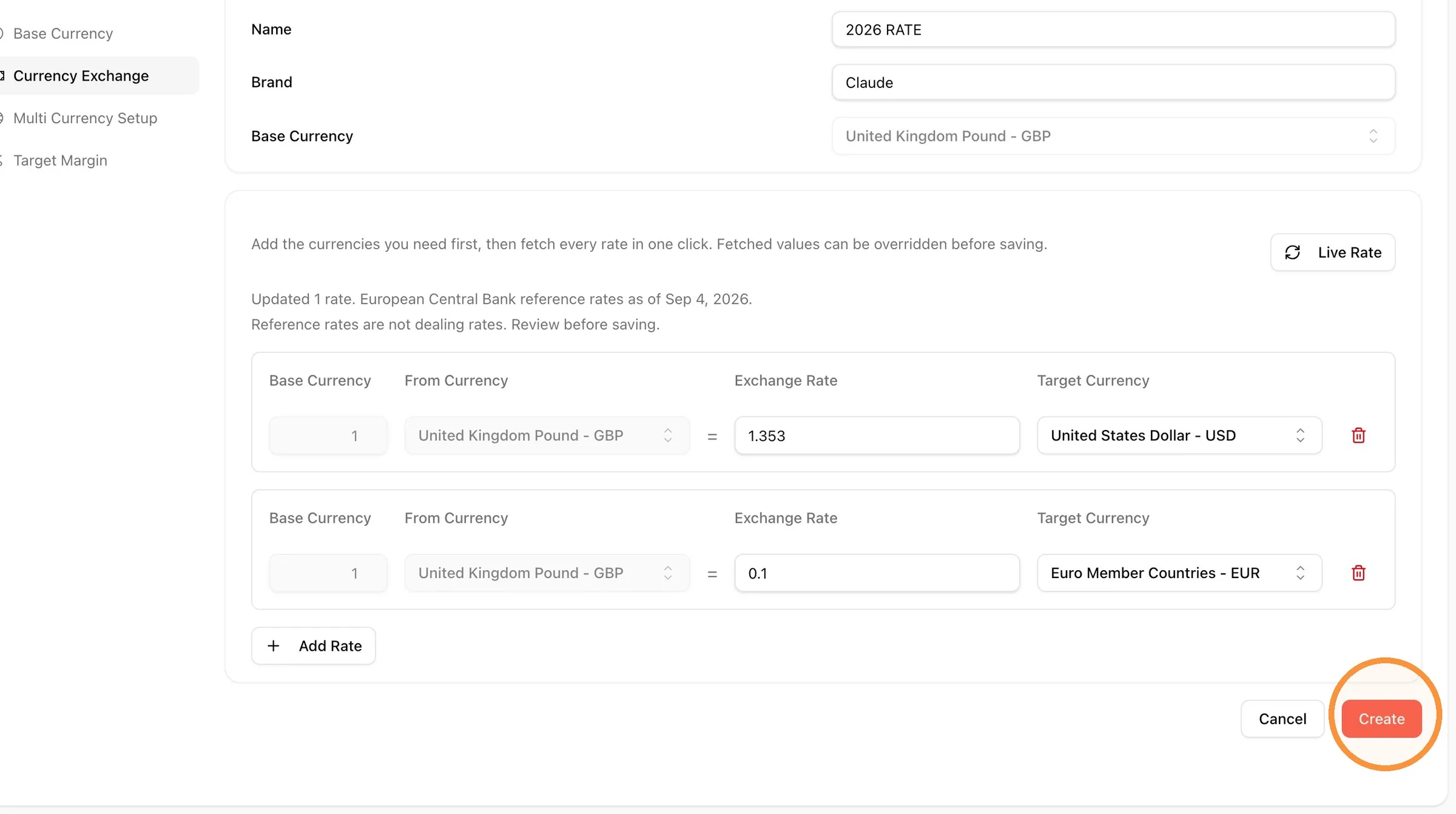 Select 'Save' to save the exchange rate