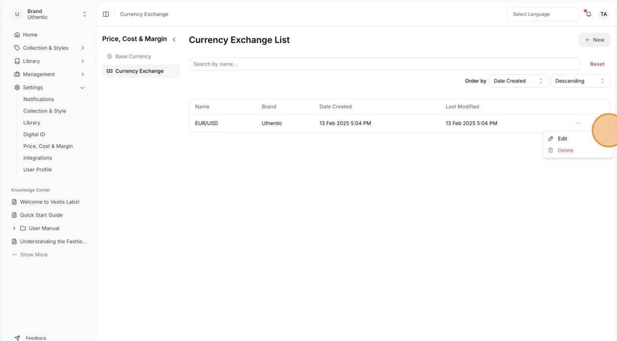 The Currency Exchange List Page stores all the information related to the Currency Exchange created in Vestis Labs.