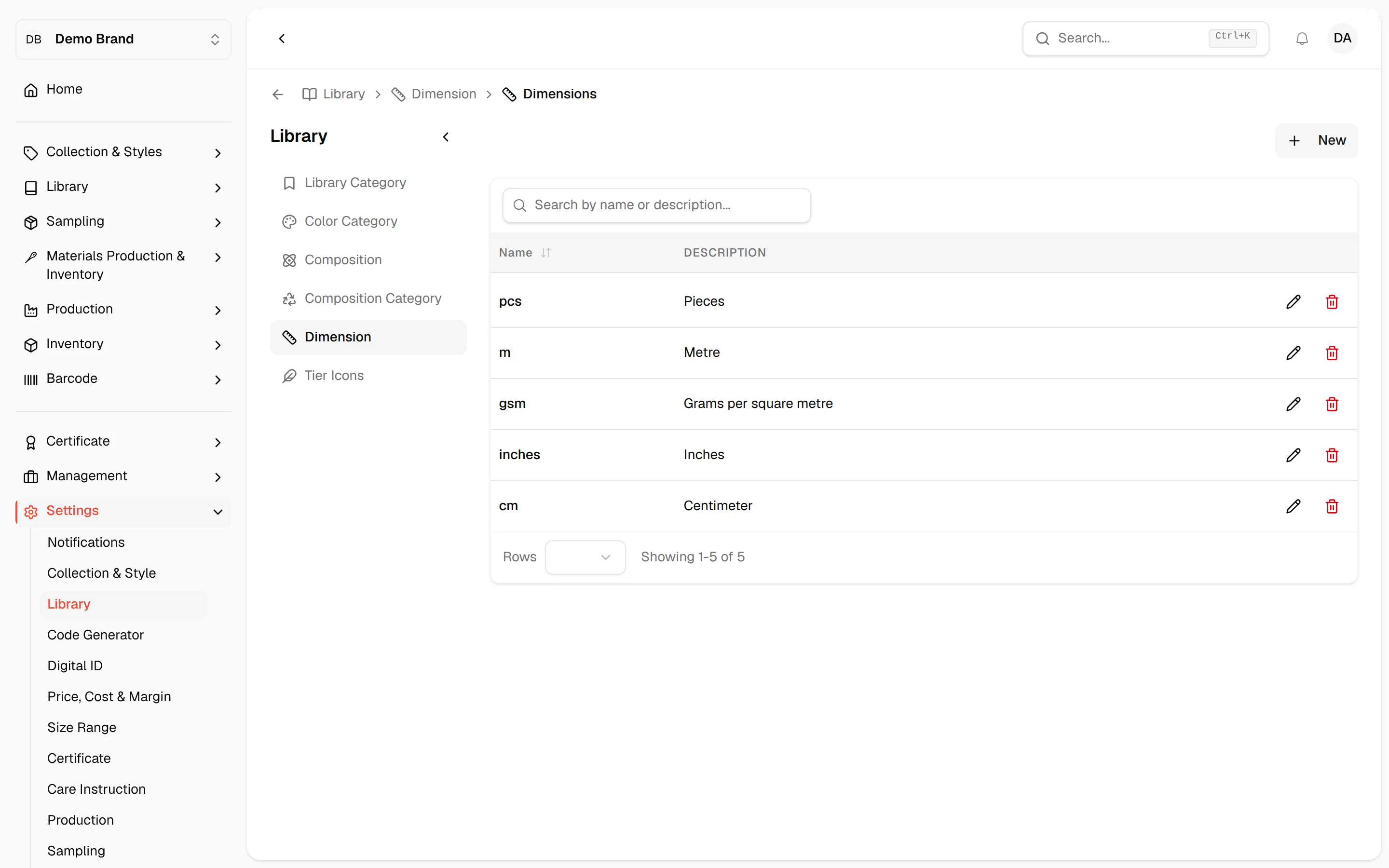 The Dimension list with the New button at the top right and a pencil and bin icon on each row