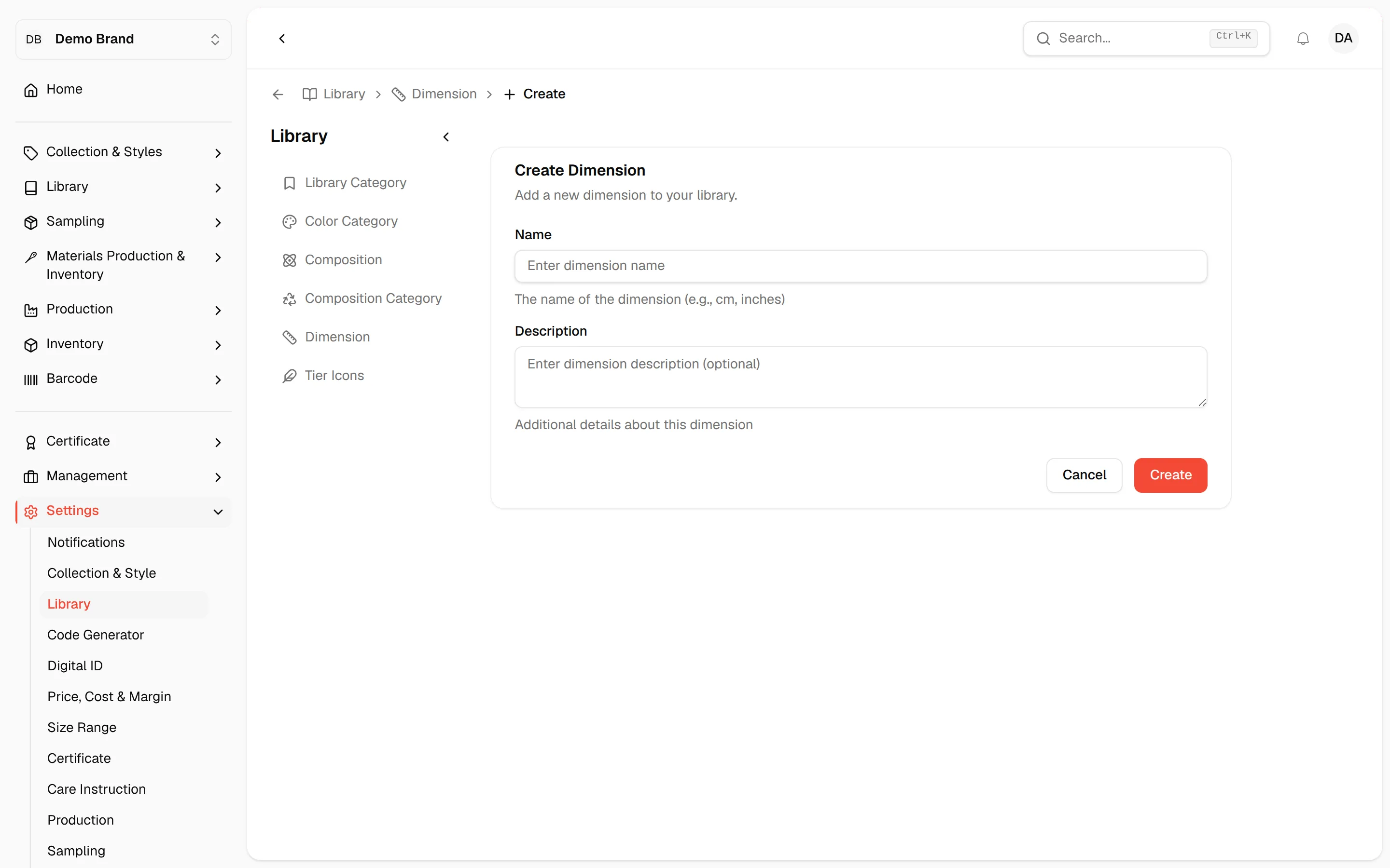 The Create Dimension form with empty fields and the Create button