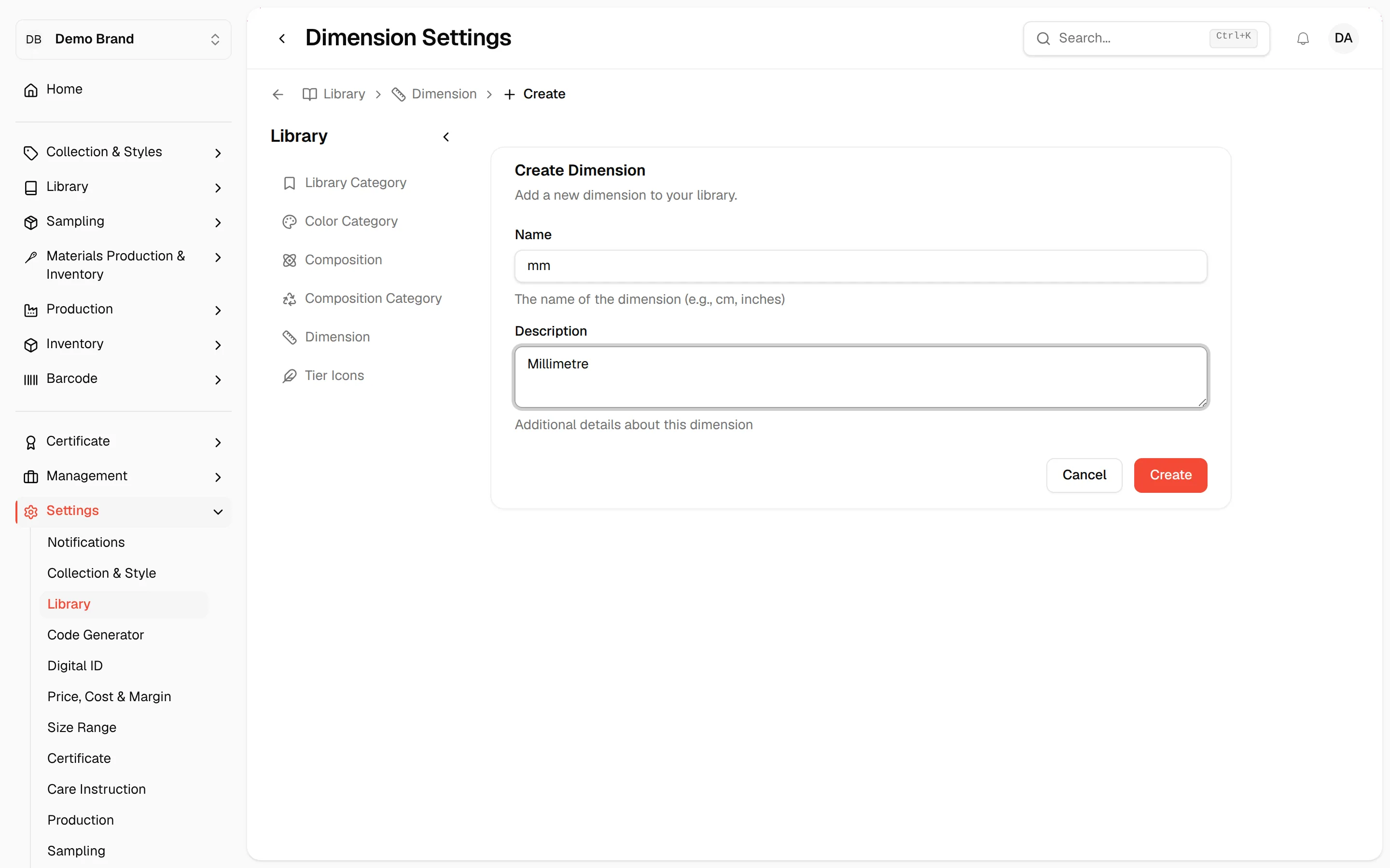 The Create Dimension form filled in and ready to create