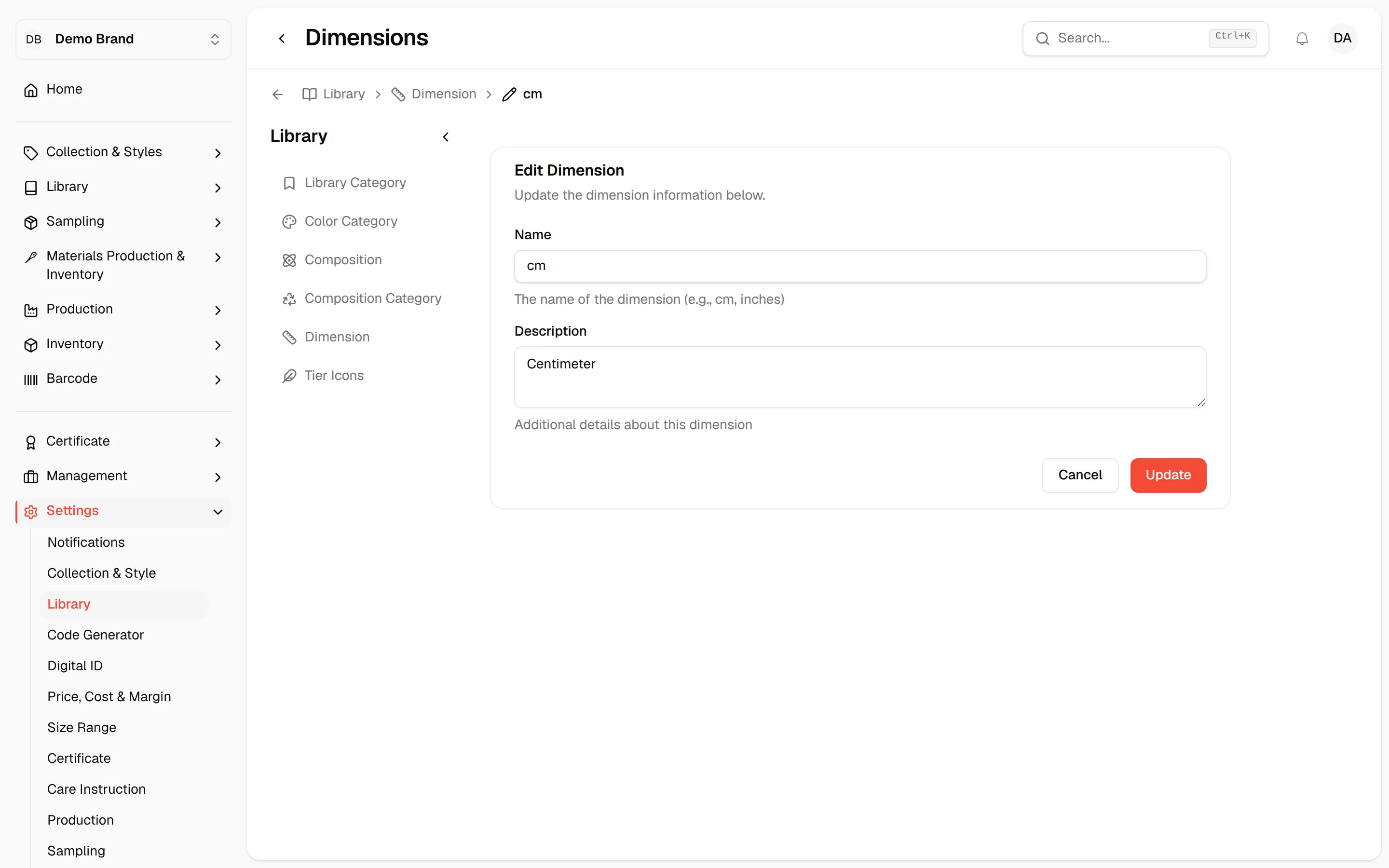The Edit Dimension form showing the current values and the Update button