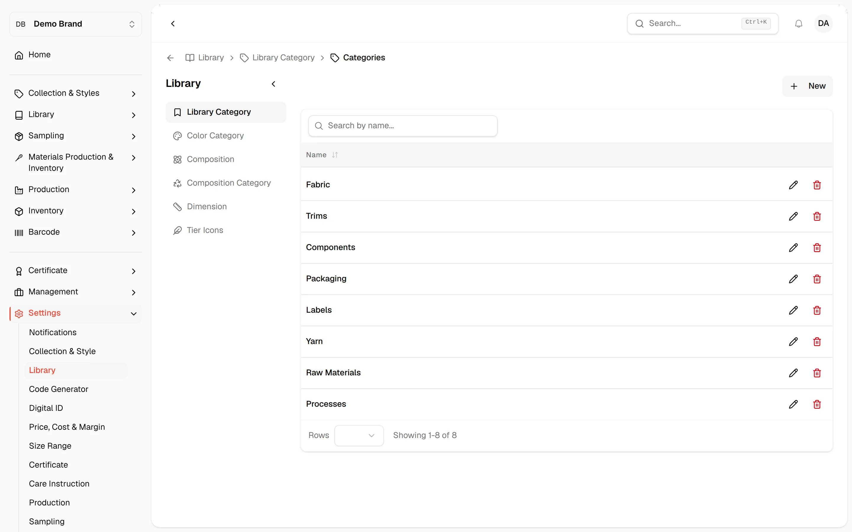 The Library Category list with the New button at the top right and a pencil and bin icon on each row
