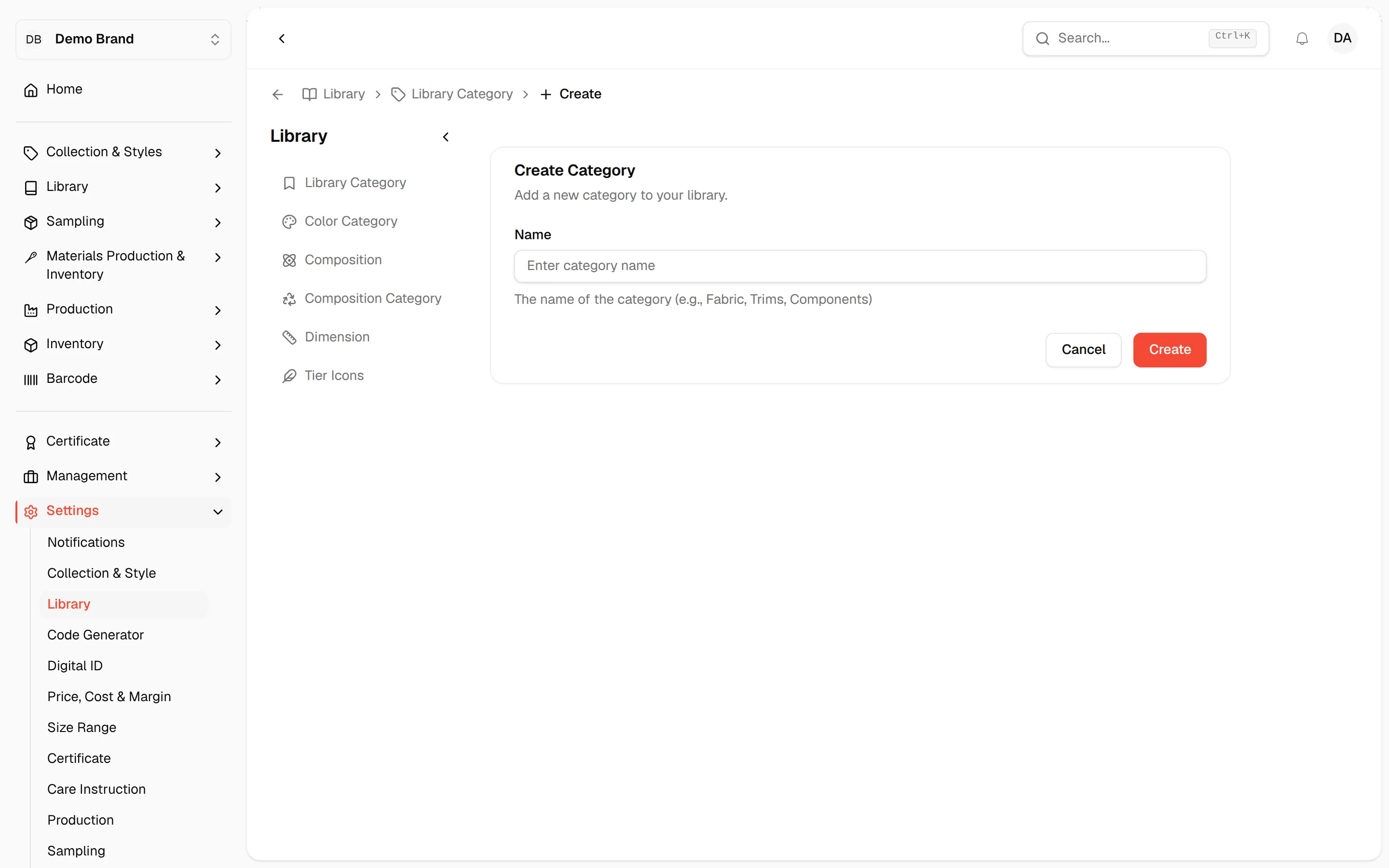 The Create Library Category form with an empty Name field and the Create button