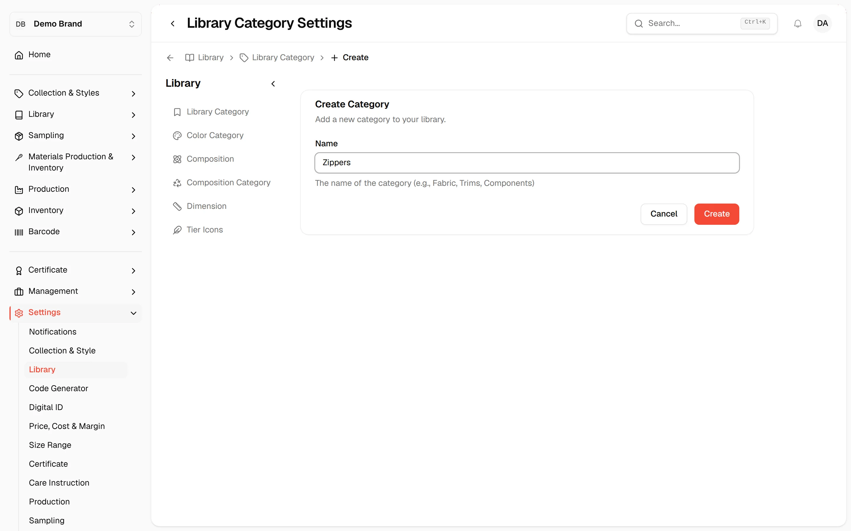 The Create Library Category form with a name typed into the Name field, ready to create