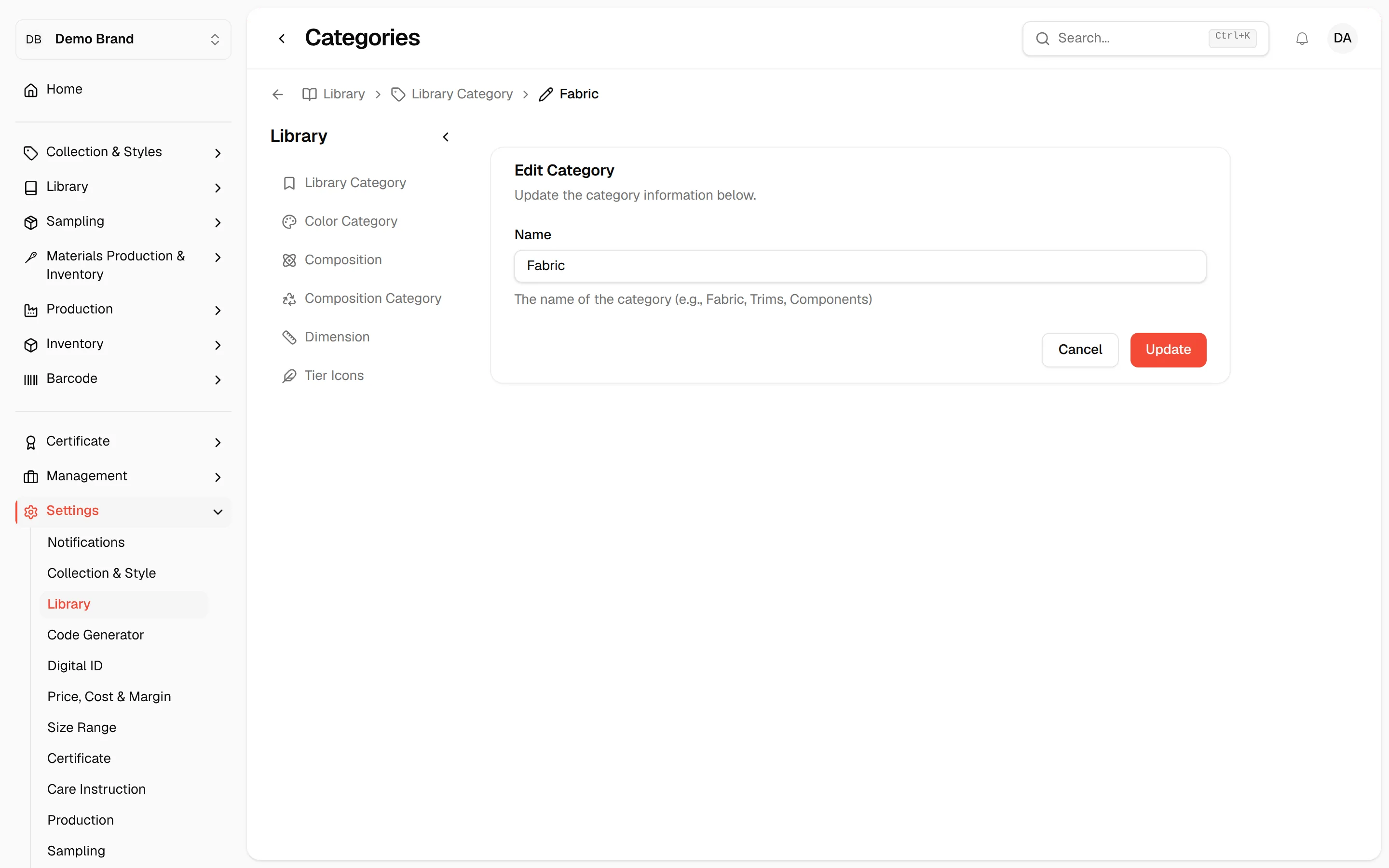 The Edit Category form showing the current name and the Update button
