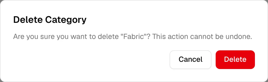 The Delete Category confirmation asking to confirm before the category is removed