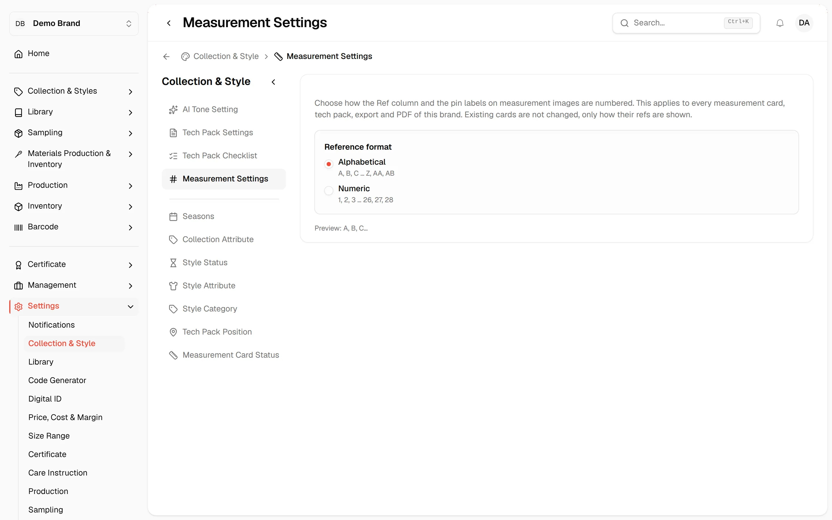 The Measurement Settings page under Collection & Style in the Settings menu