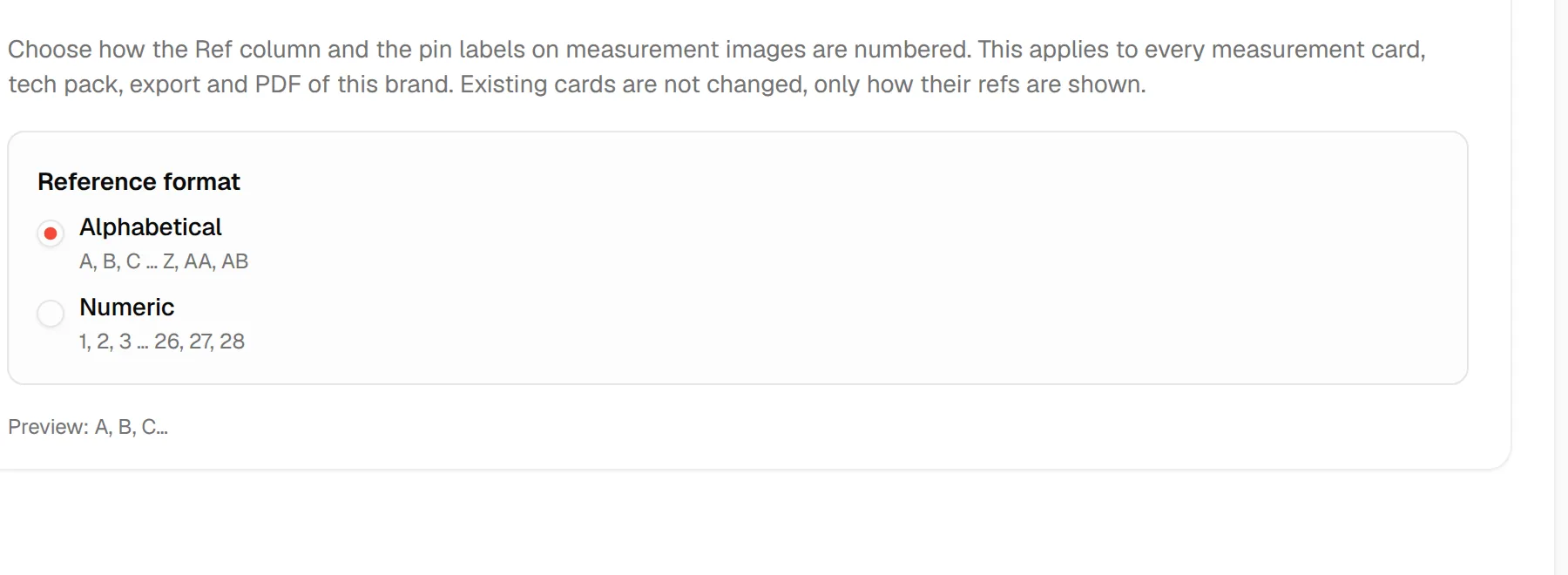 The Reference format options, Alphabetical and Numeric, with the Preview line below