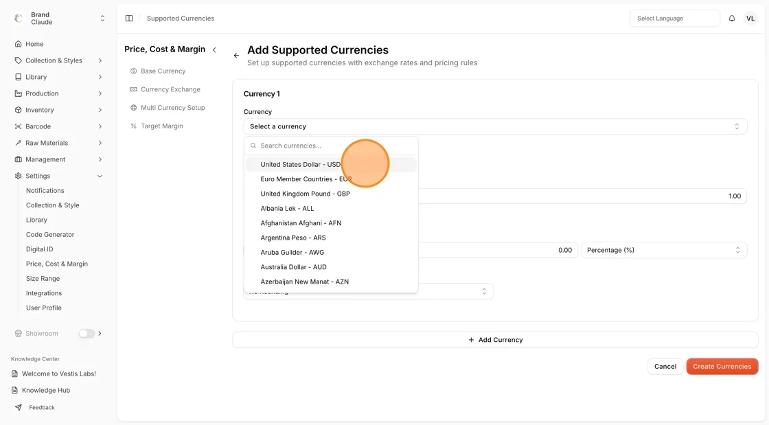Navigate to Settings Price, Cost, & Margin.