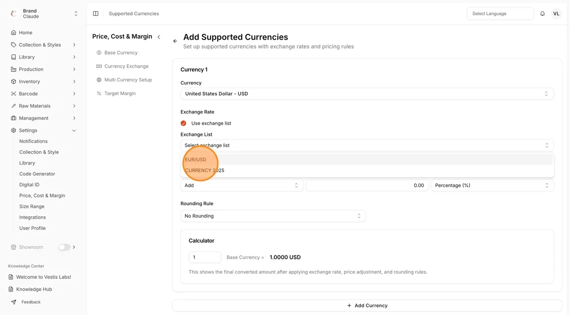 Configure the Exchange Rate: