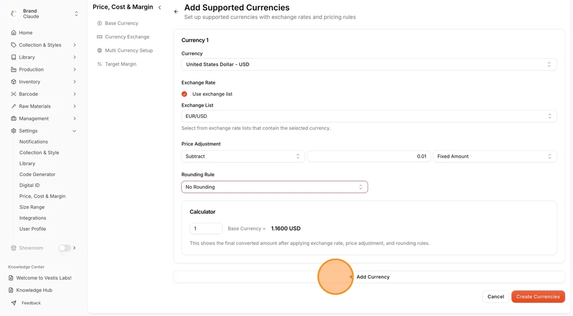 Review the Calculator preview, which displays the final amount after the exchange rate, price adjustment, and rounding rules…