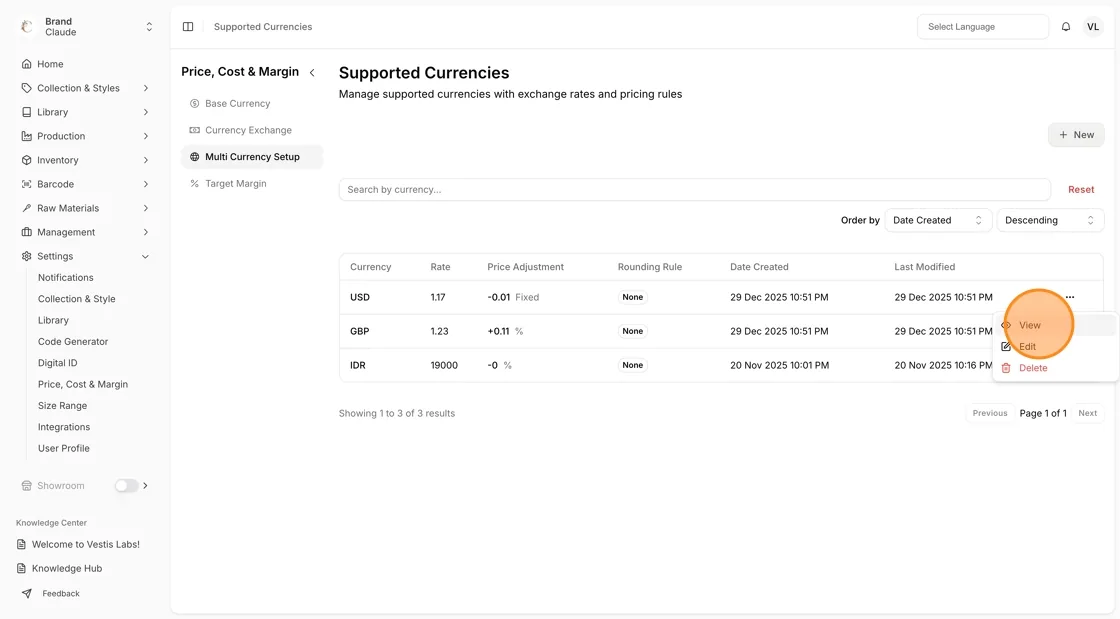 Each supported currency includes a three-dot (•••) action button with the following options: