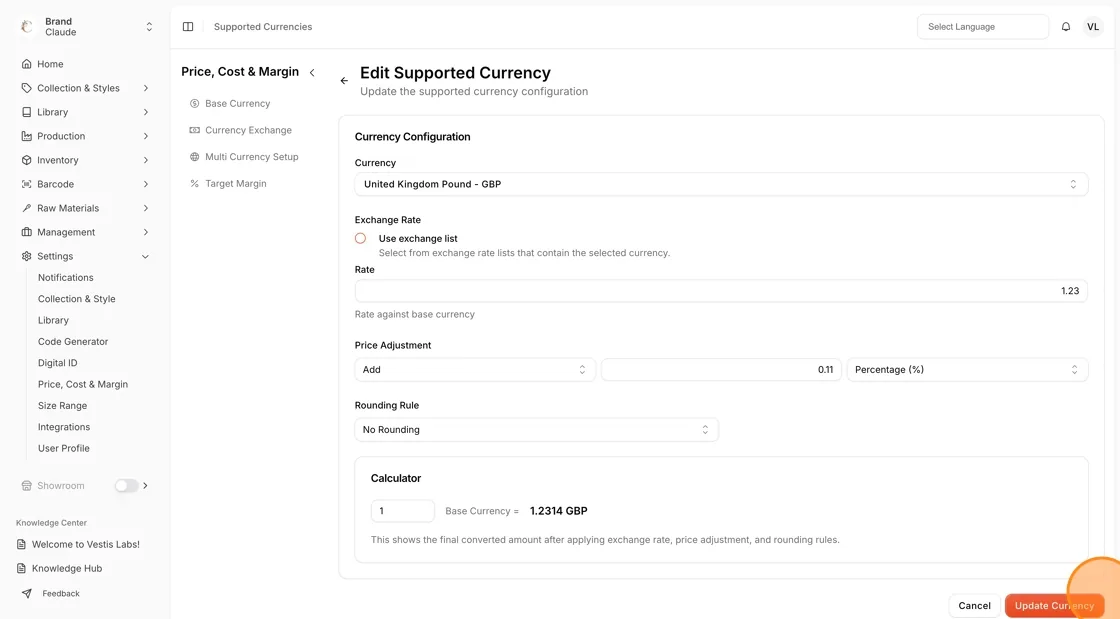 Each supported currency includes a three-dot (•••) action button with the following options: