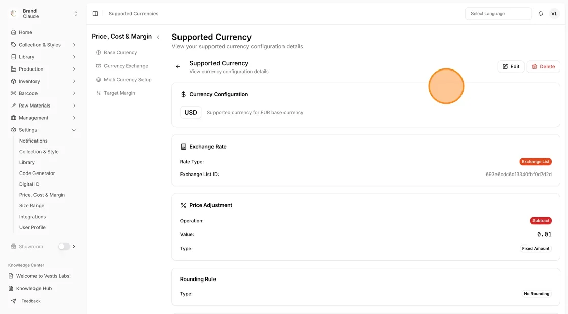 Each supported currency includes a three-dot (•••) action button with the following options: