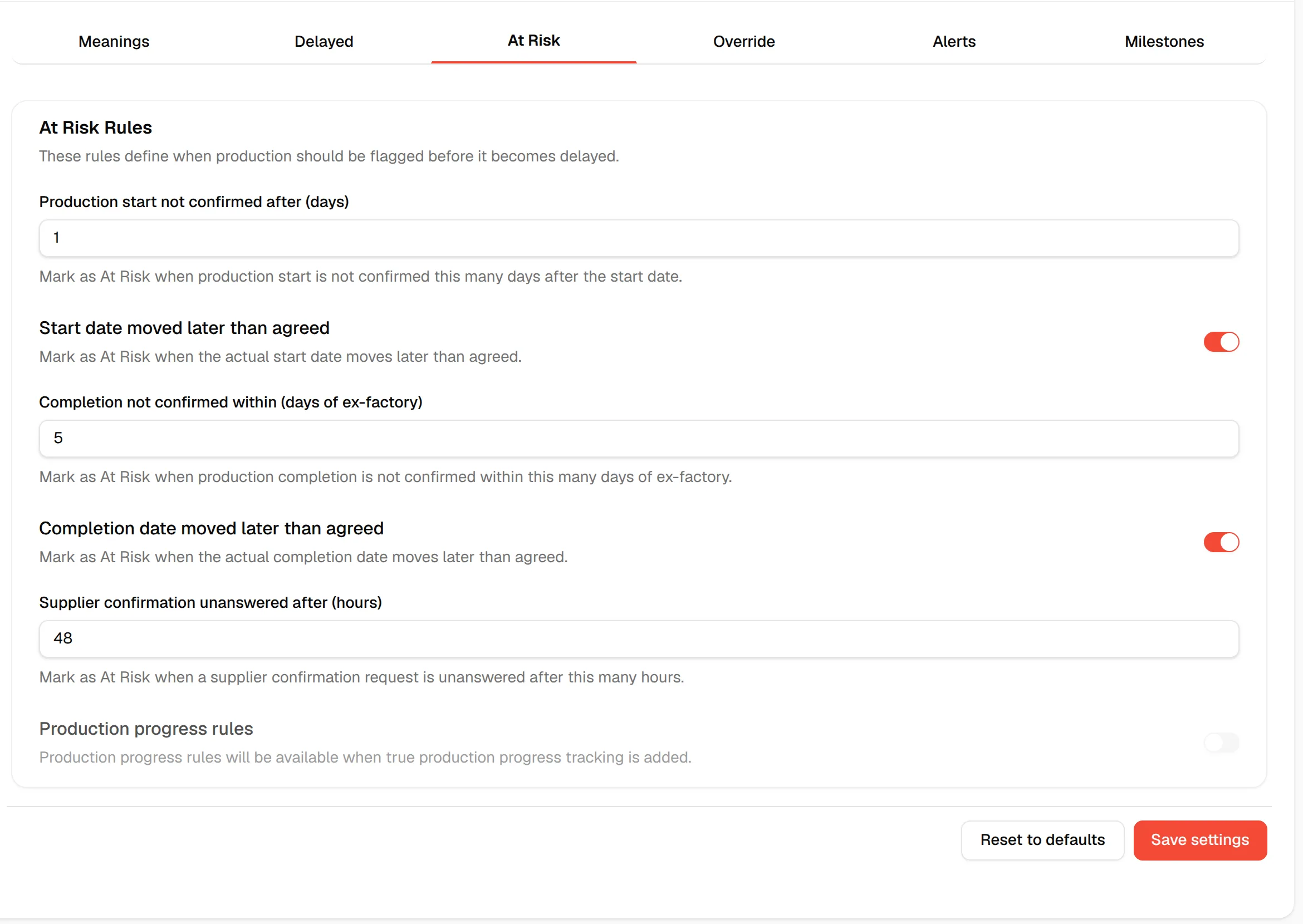The At Risk tab with its rules and the Save settings button