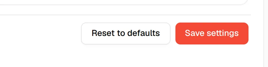 The Reset to defaults and Save settings buttons at the bottom right of the page