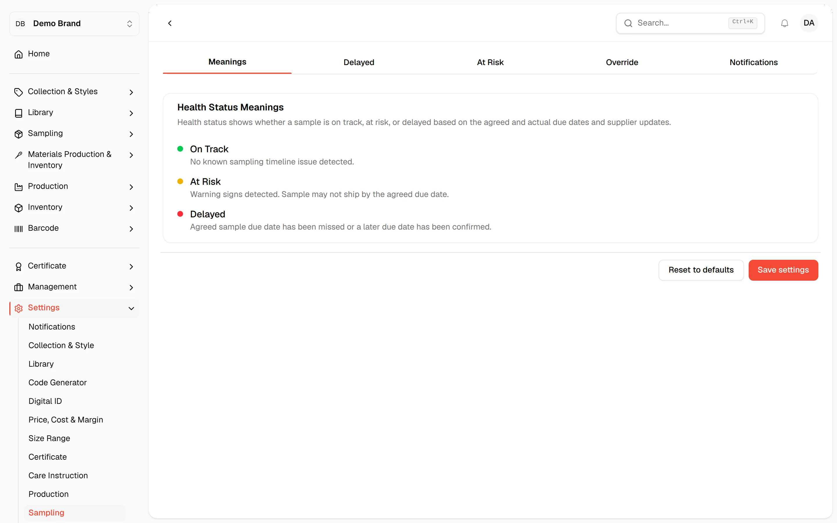 The sampling health rules page opening on the Meanings tab, with the tabs above the rules