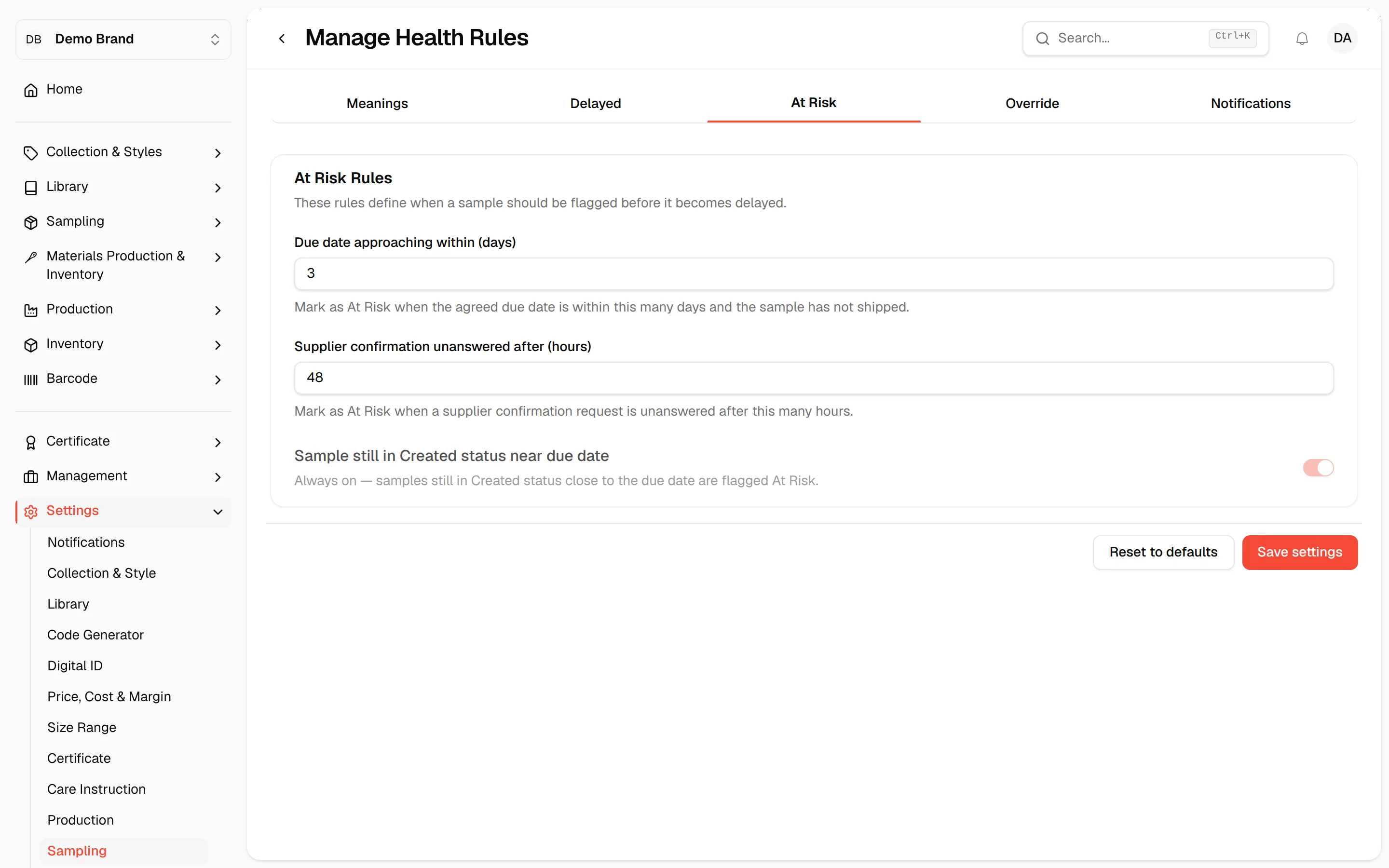 The At Risk tab with its rules and the Save settings button
