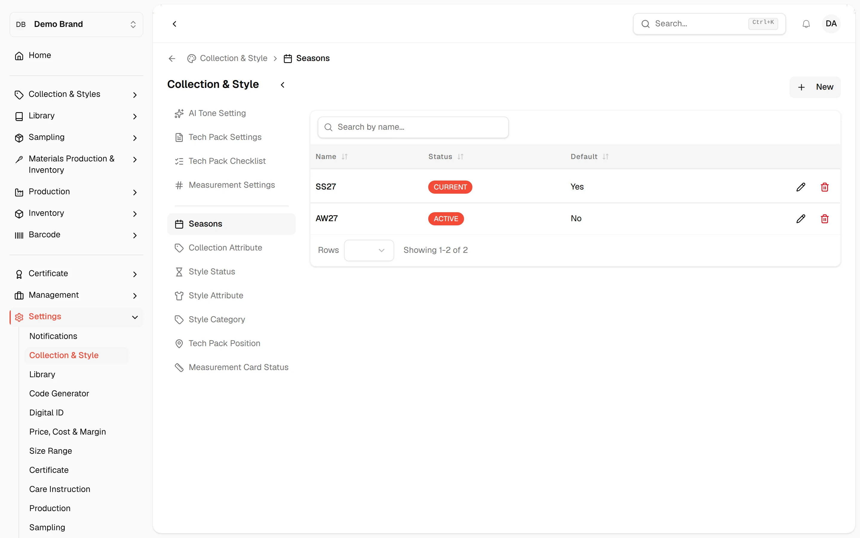 The Seasons list with the New button, each season showing its status and whether it is the default