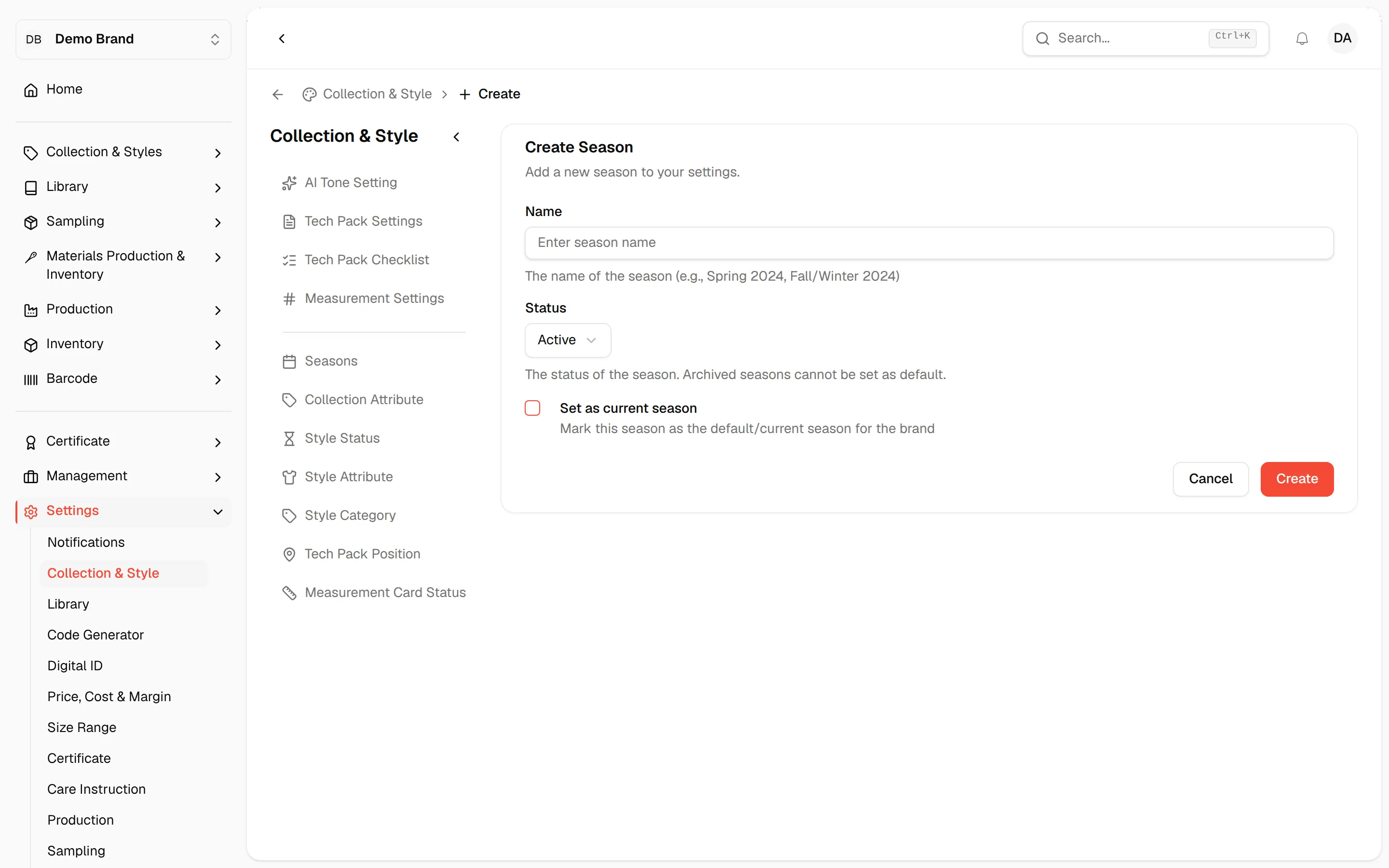 The Create Season form with Name, Status and the Set as current season checkbox