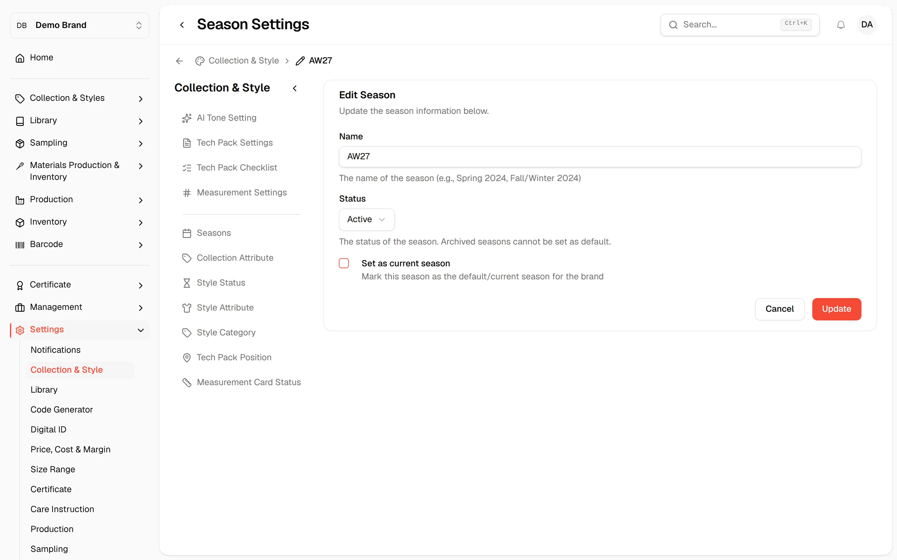 The Edit Season form opened from the pencil icon in the season row