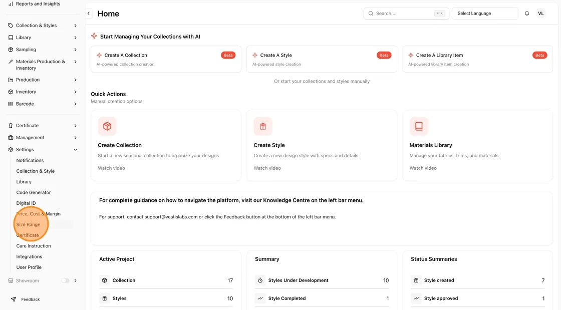 Navigate to Settings Size Range.