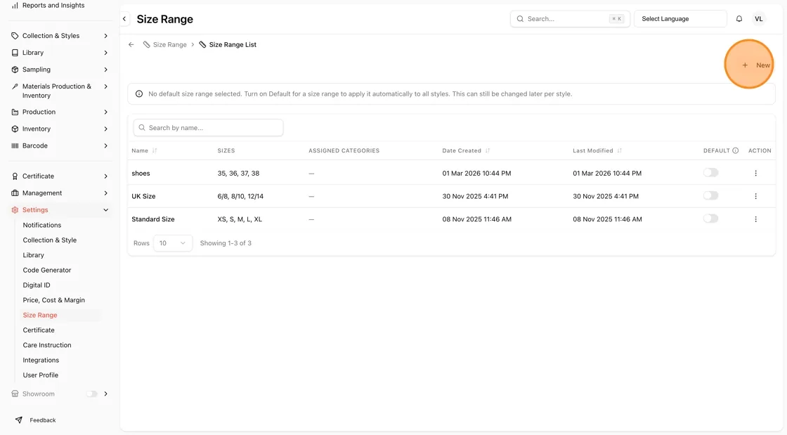 Navigate to Settings Size Range.
