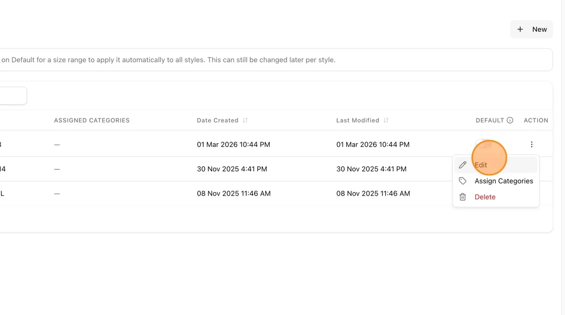 The created size ranges will be displayed and can be managed on the Size Range Settings Page.