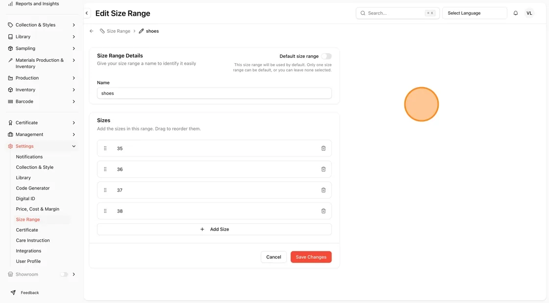 The created size ranges will be displayed and can be managed on the Size Range Settings Page.
