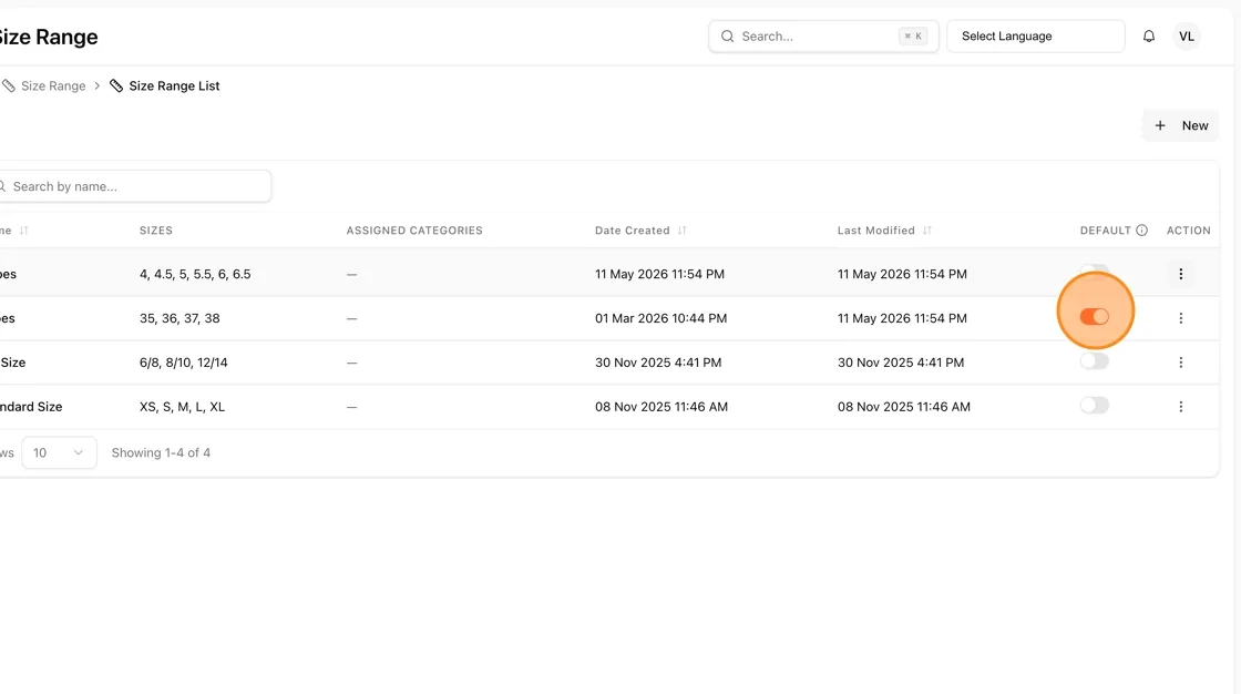 The default size range can be managed on the page list.