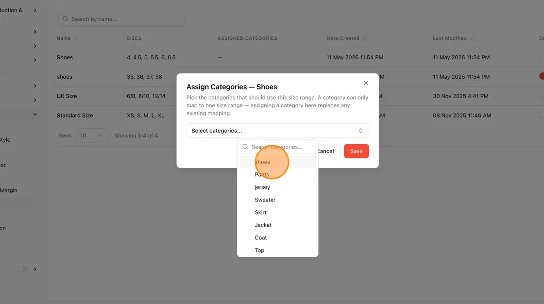Pick the categories that should use this size range.